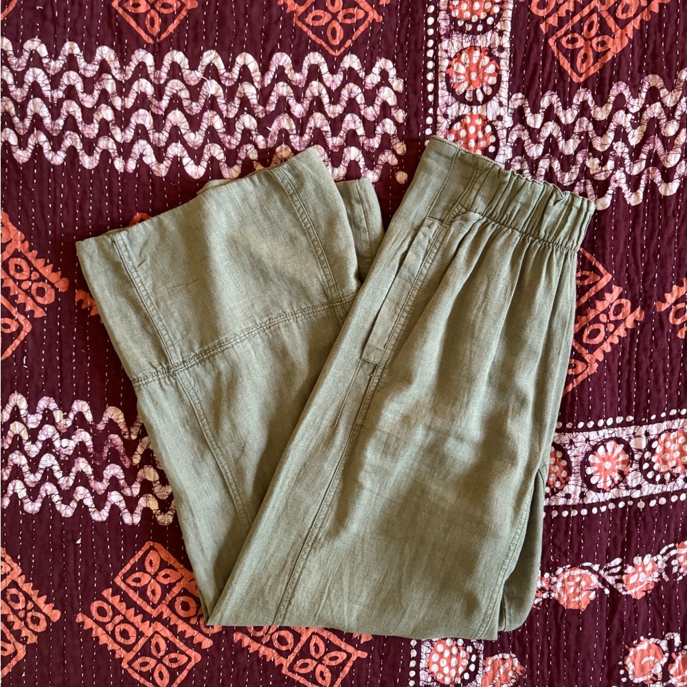 Free People Wide Leg Linen-Blend Pants in Olive/Tan - Picture 8 of 9